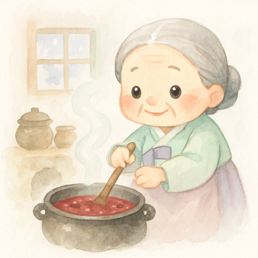 할머니가 부엌에서 팥죽을 끓이는 장면